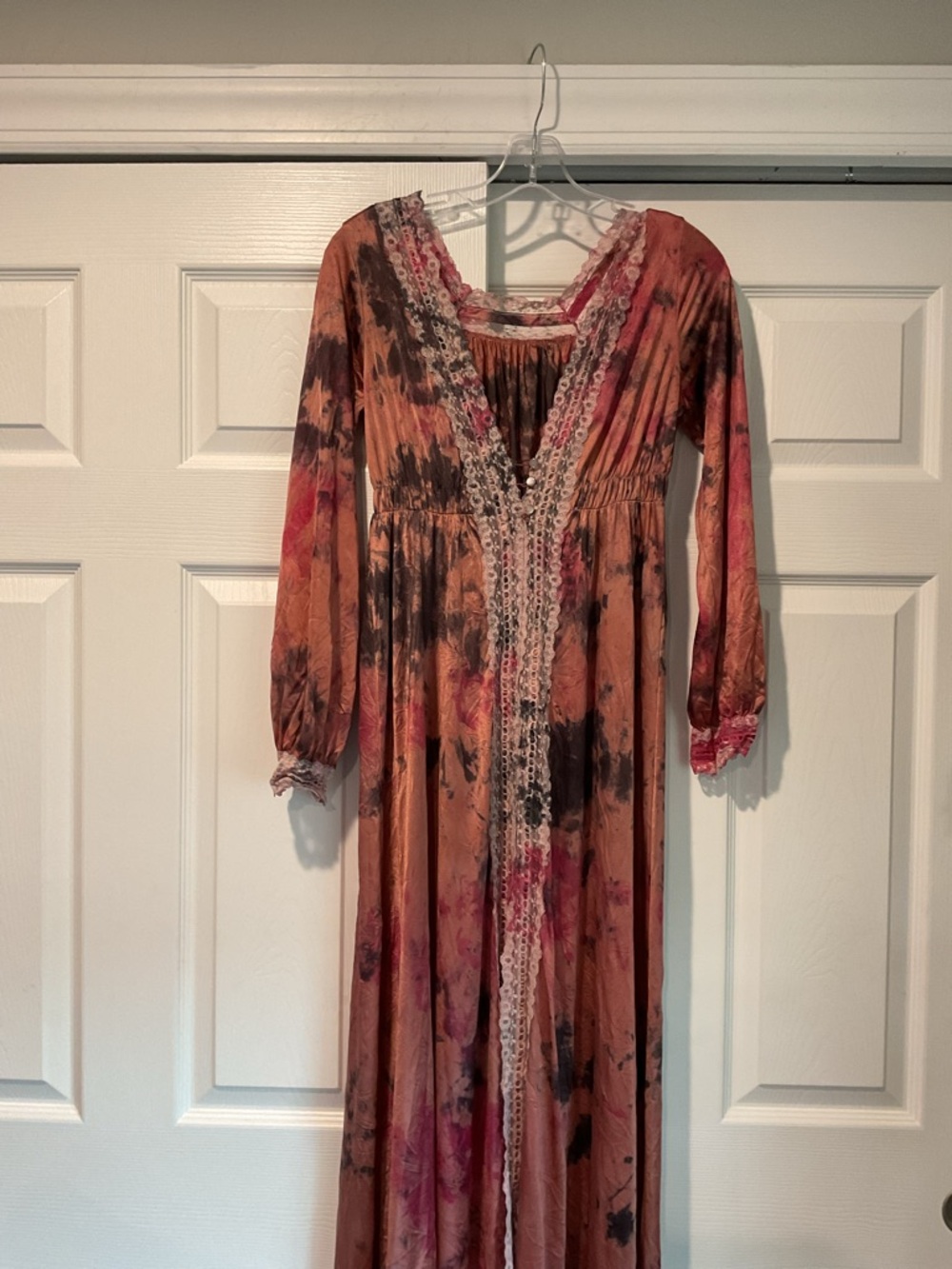 True Vintage Tie-Dye Pink Brown Long Lace-Trim Satin Dress Chemise Nightgown Y2K - Picture 7 of 9